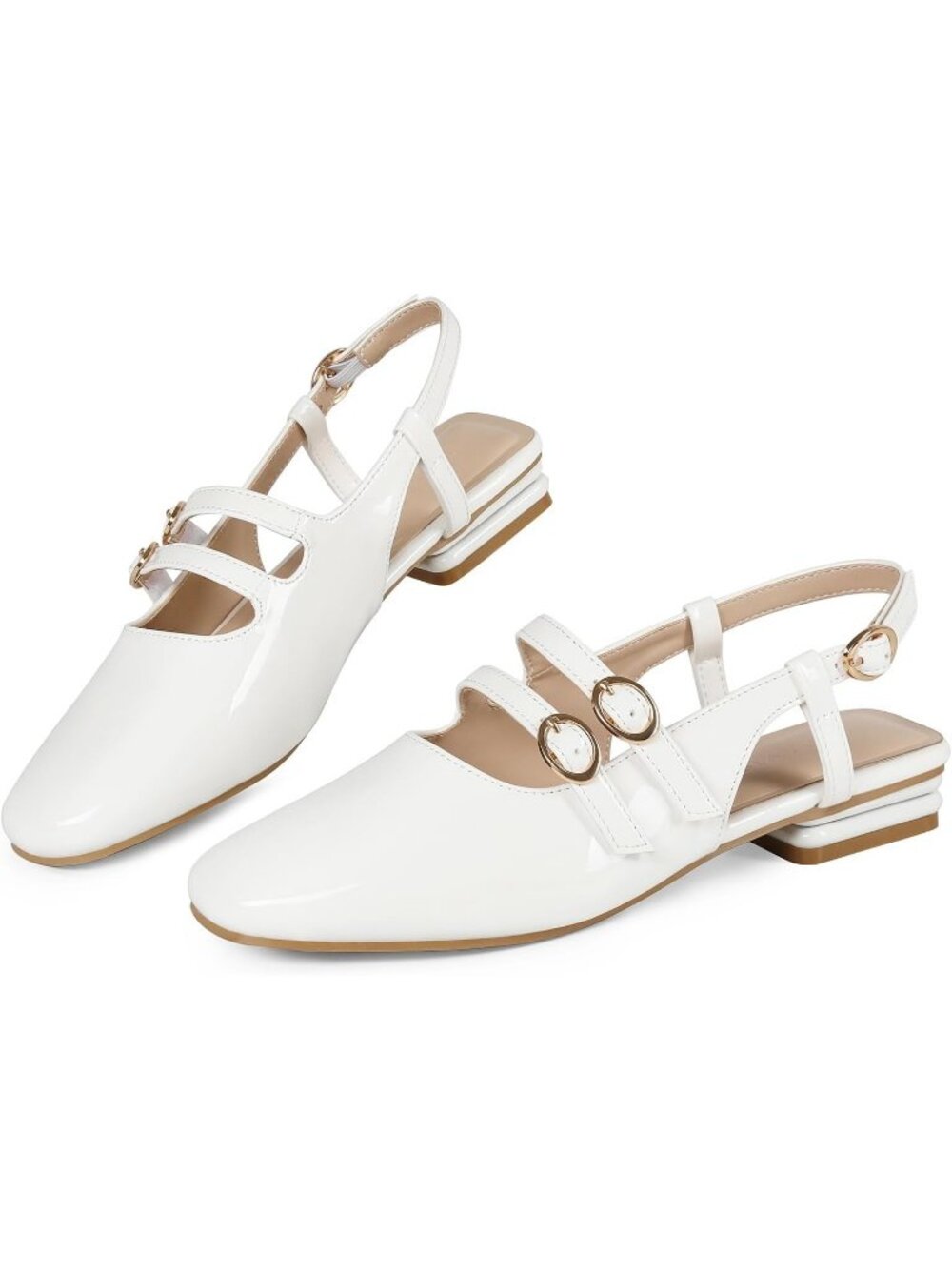 Women's White Faux Leather Closed Square Toe Strap Slingback Low Heels Pumps